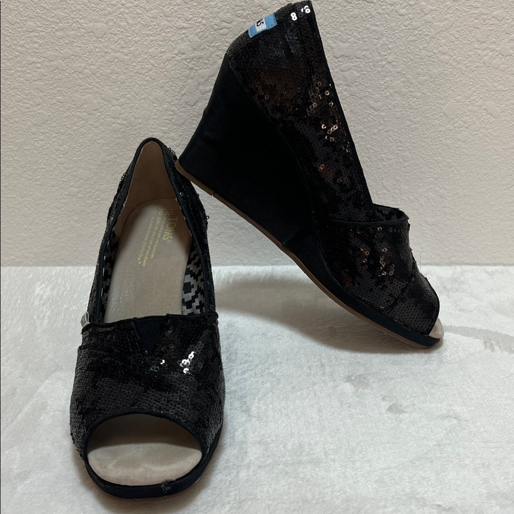 TOMS Black Sequin Wedge Heels